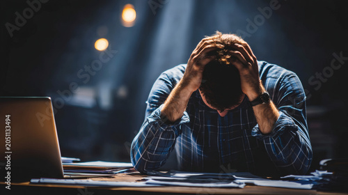 cinematic close-up of an office worker holding their head at a cluttered desk, showing visible stress. Papers and files are scattered, and dramatic lighting creates strong contrast. The atmosphere 