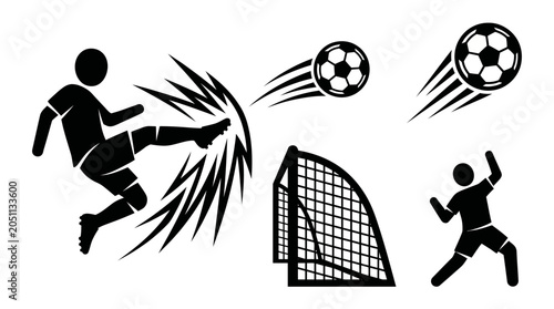 Dynamic illustration of soccer players in action, showcasing a powerful kick, a goal, and a player celebrating a score.