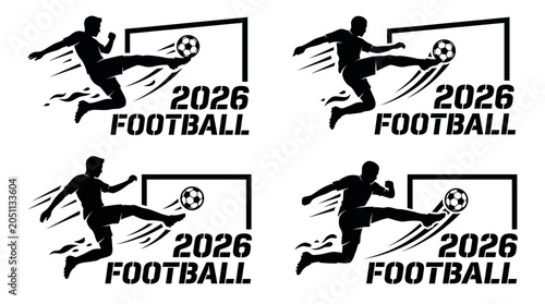 Four stylized black silhouette logos of a soccer player kicking a ball towards a goal, each with the text 
