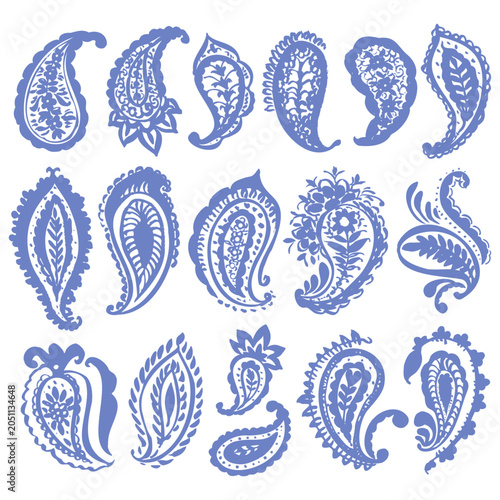 Paisley elements set. Oriental decorative ornament. Vector illustration. For cards, poster, labels, boho background, yoga fitness