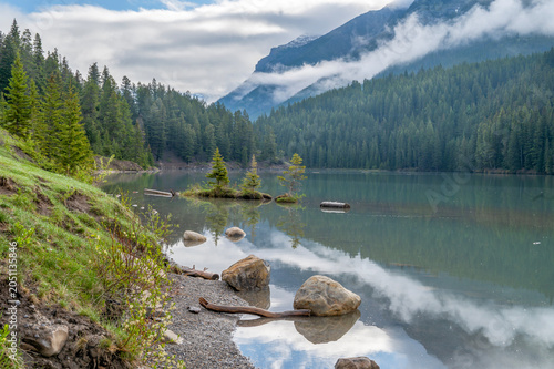 Rocks and trees on the shore of Two Jack Lake in Banff National Park, Alberta, Canada
