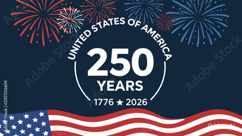 United States of America 250 years semiquincentennial celebration banner, patriotic American flag and fireworks vector, 1776 to 2026 anniversary