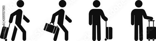 Passenger icons set features black solid silhouette style, walking and standing traveler stick figures with luggage suitcase baggage represent a trip, travel vector illustration