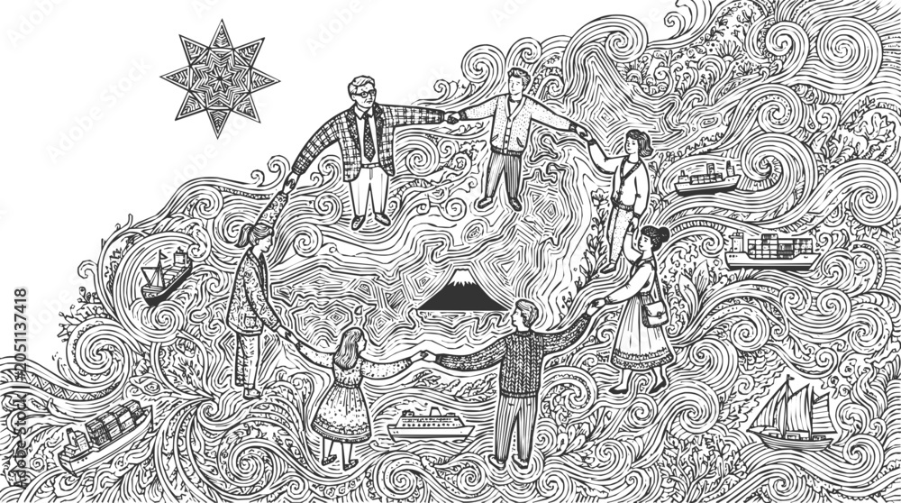 Fototapeta premium A diverse group of people holding hands in a unity circle, symbolizing global connection and cooperation around a mountain amidst waves and ships.
