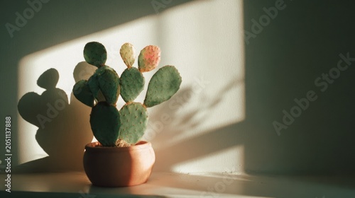 Potted succulent plant casts a dramatic shadow on a brightly lit indoor wall surface.
