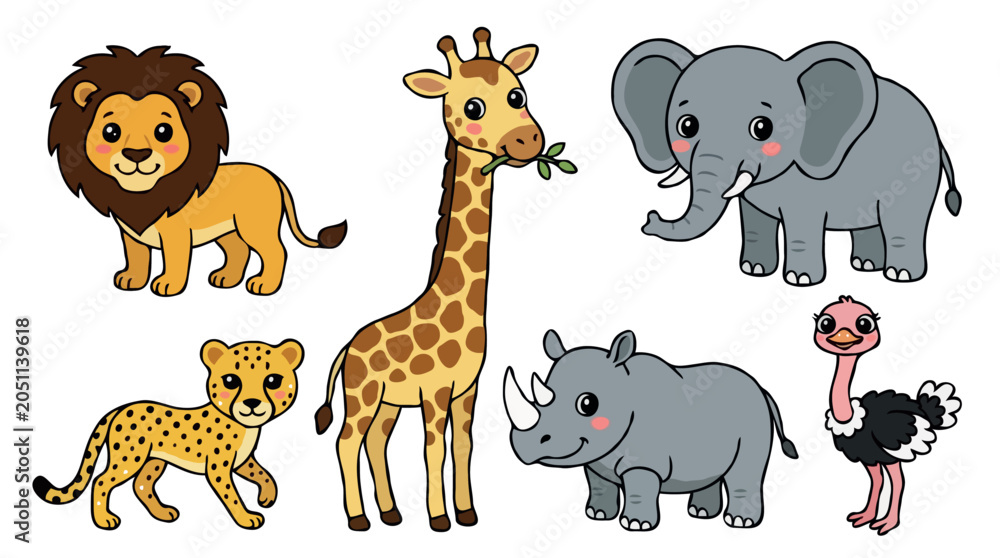 Obraz premium Cute African safari animals vector collection featuring cartoon baby lion giraffe elephant cheetah rhinoceros and ostrich isolated on white background🔑