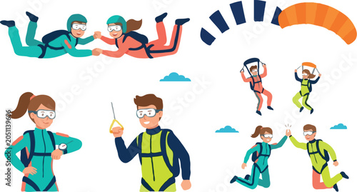 Tableau sur toile Skydiving and extreme sport vector character collection featuring skydivers free