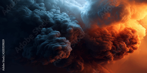 Bilde på lerret An abstract nature backdrop of dark storm clouds mixed with fire and smoke under