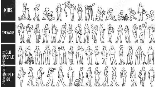 A set of characters in a diverse collection of lifestyle sketches showcasing people from childhood to retirement in various active poses.