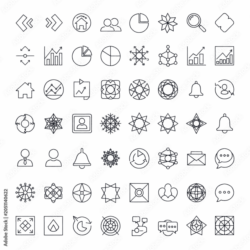 Fototapeta premium A collection of diverse line art icons representing various concepts like business, communication, and technology.