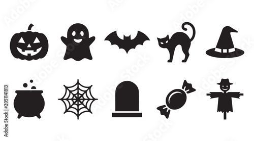 Quadro su tela Collection of halloween themed black silhouette including a jack o lantern pumpk