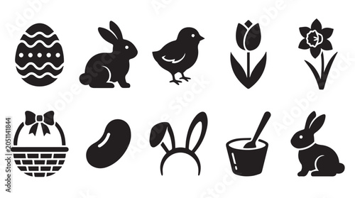 Bild auf Leinwand Collection of ten black silhouette for easter featuring a patterned egg, a rabbi