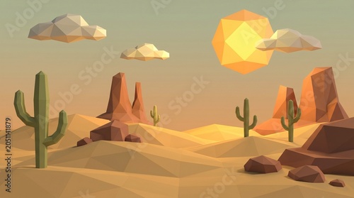 Stylized 3D Low Poly Desert Landscape with Cacti, Sand Dunes, and Sun