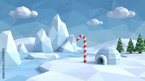 Stylized 3D Low Poly Winter Wonderland Landscape with Igloo, Candy Cane, and Icebergs