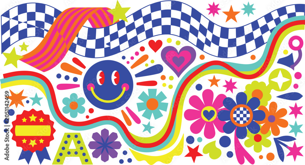Obraz premium A vibrant digital illustration featuring a retro aesthetic with checkered patterns smiley faces colorful flowers hearts rainbows and stars on a clean white background design
