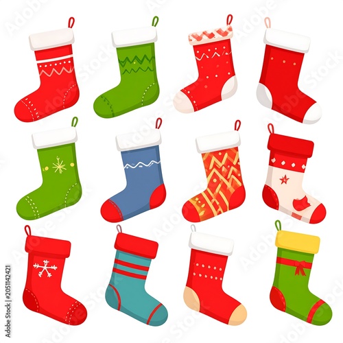 A collection of 12 colorful Christmas stockings with various patterns