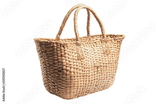 Handwoven Natural Straw Tote Bag with Braided Handles on Dark Background basket
