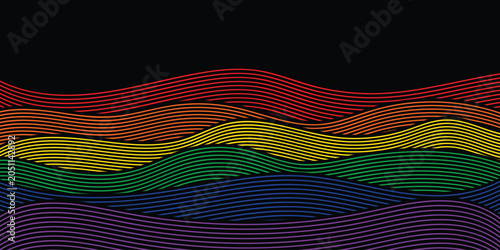 Retrofuturism pride month rainbow waves poster design in trendy retro line style. Modern art poster retro vintage style stripes background template lines shapes vector design