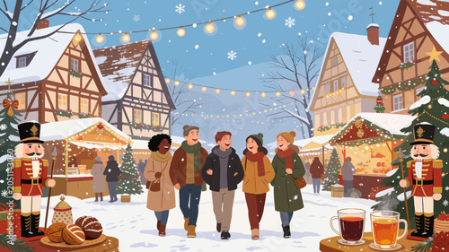 Bild auf Leinwand A group of friends enjoys a festive Christmas market scene with snow falling, decorated stalls, and twinkling lights