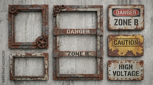 Rusty Industrial Warning Sign Frames and Grunge Metal Hazard Labels Collection