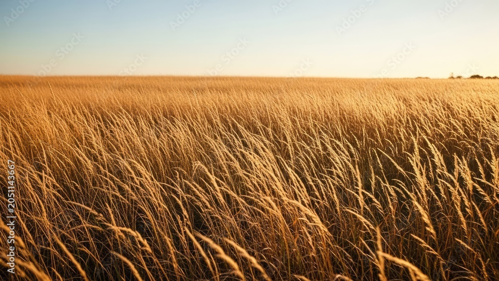 Obraz premium Close up of golden grass field during sunset light.