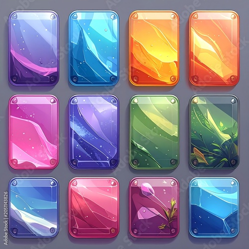A collection of 12 colorful, shiny, rectangular icons with rounded corners