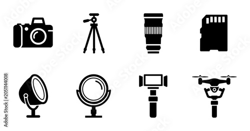 Bild auf Leinwand Photography Equipment Icons Set, Camera Gear Vector Graphics, Digital Imaging To