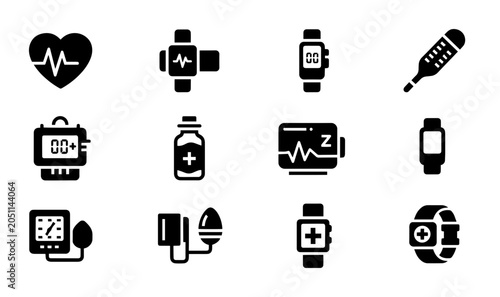 Foto Medical Health Icons Set: Heartbeat, Smartwatch, Thermometer, Blood Pressure Mon