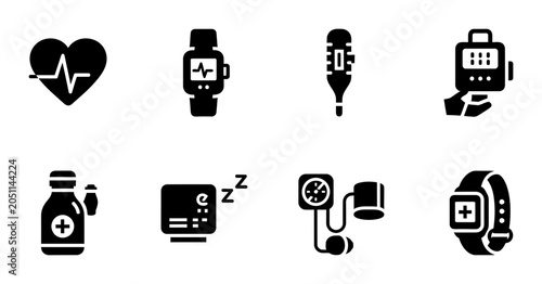 Bild auf Leinwand Medical Health Icons Set: Heartbeat, Smartwatch, Thermometer, BP Monitor, Pills,