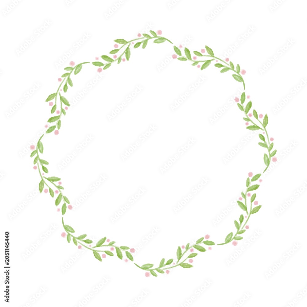 Fototapeta premium Watercolor green leaf wreath frame with pink berries, rustic botanical branch border for wedding