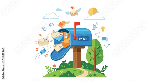 Playful illustration of a postman delivering mail to a mailbox in a sunny garden scene with envelopes and letters.