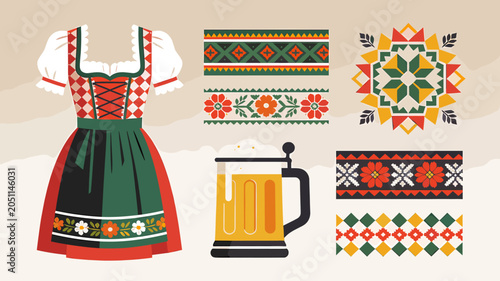 Fotografía Traditional Bavarian Dirndl dress, beer stein, and decorative folk art patterns, celebrating Oktoberfest and German culture