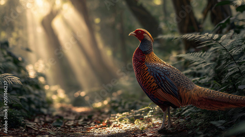 Male Pheasant standing in a grassy field wildlife nature scene with colorful feathers red beak game bird
