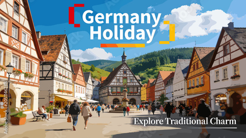 Photography A vibrant traditional German town square bustling with people, featuring historic half-timbered houses under a clear blue sky, inviting exploration