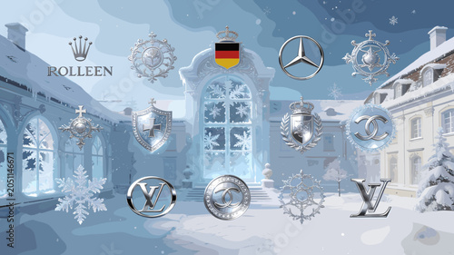 Fotografía A frosty winter palace scene adorned with numerous shimmering silver emblems and decorative icy motifs