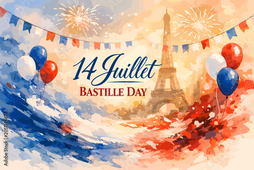 Photos Vibrant watercolor illustration celebrating Bastille Day with Eiffel Tower, fireworks, balloons, and French flag colors