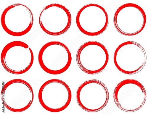A collection of 12 imperfect red circles on a white background