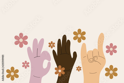Diverse hands showing various gestures with retro groovy flowers