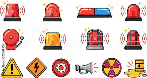 Schilderij op canvas Emergency siren and warning light icon collection featuring police flasher ambul