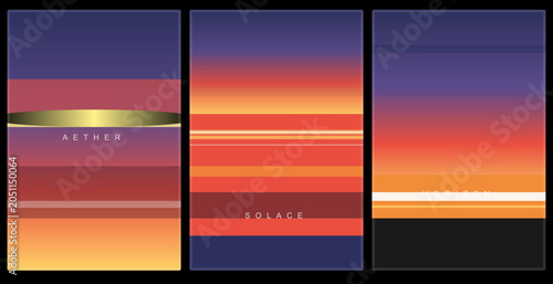Tableau sur toile Abstract minimalist landscape art triptych with vibrant gradient color bands, mo