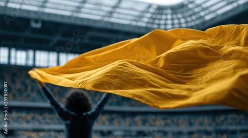 Solitary fan with a blank yellow flag stands in an empty stadium before the game