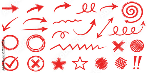 Tablou pe pânză Sketchy red marker symbols and arrows set including stars circles and check mark