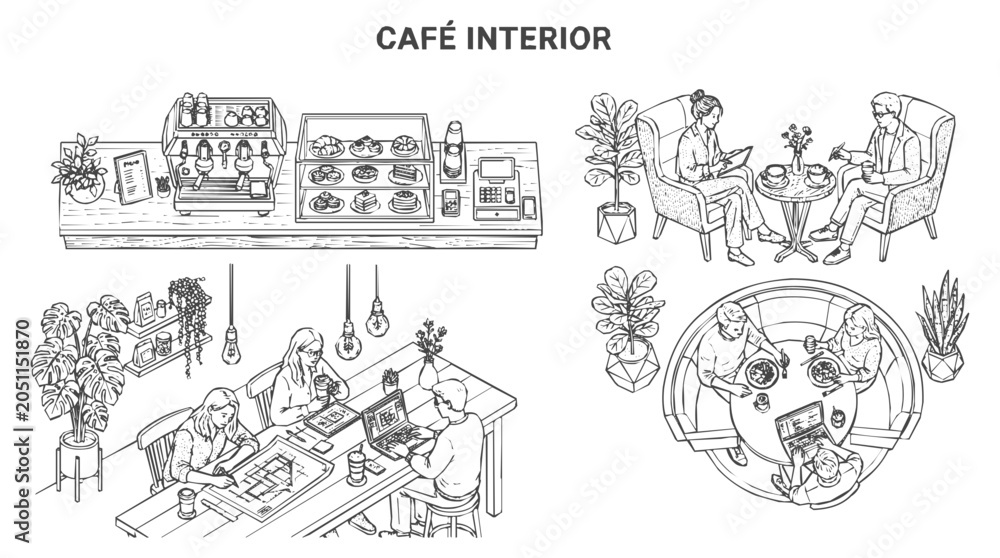 Obraz premium A Detailed Sketched Cafe Interior Collection with People Working on Laptops and Drinking Coffee in a Cozy Modern Coffee Shop Environment