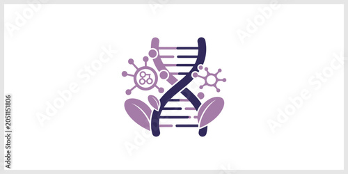 Принти на полотні DNA Helix With Biological Molecules And Leaf Symbols