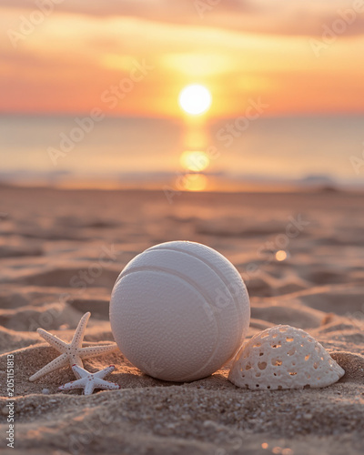 white beach, sunset aesthetic, minimalist composition, volleyball, seashell, starfish, ocean horizon, golden sand, soft waves, pastel sky, orange sky, peach tones, pink sky, warm light, natural lighti
