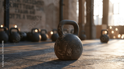 Kettlebell left upright on a worn rubber floor in a quiet industrial gym during a candlelit early morning class, chalk handprints on its handle, other kettlebells arranged in a