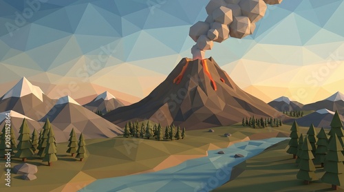 Stylized 3D Low Poly Volcanic Landscape with Eruption, Lava Flows, and Dark Clouds