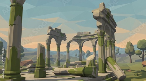 Stylized 3D Low Poly Ancient Ruins Landscape with Temple, Pillars, and Overgrown Vines
