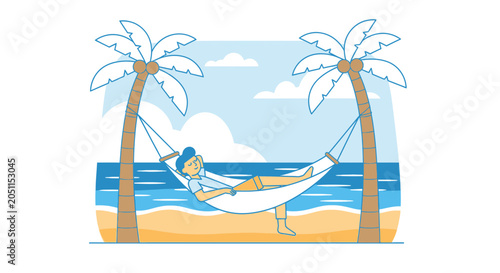 Man relaxing in a hammock between palm trees on a sunny beach day