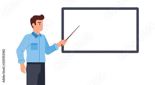 Man presenting on white screen using a pointer isolated on a white background